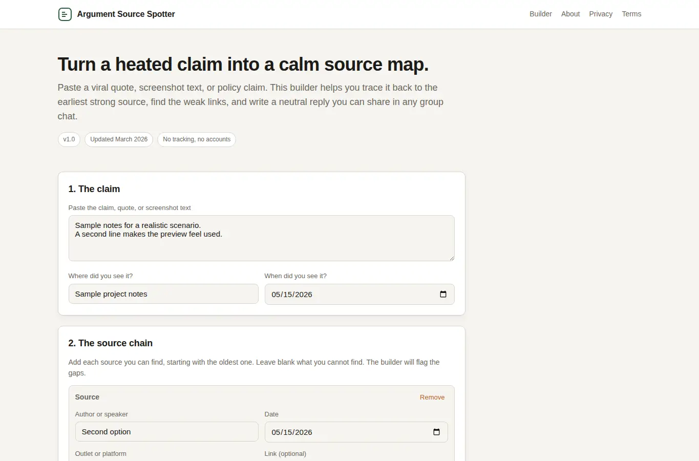 Screenshot of Argument Source Spotter interface showing the project page in use